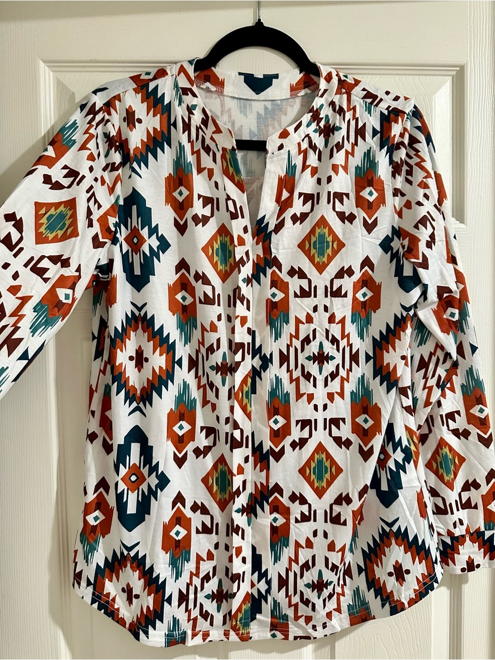 White Southwest Print  Blouse in Rust & Teal-NWT
